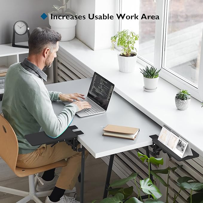 BONTEC Desk Extender Tray, 11.8 x 5.9 Inch, Black Carbon Fiber | 90° Foldable Elbow Support, Table Mount Arm Wrist Rest Shelf, Clamp on Computer Arm Rest, Easy to Install, Office & Home Use