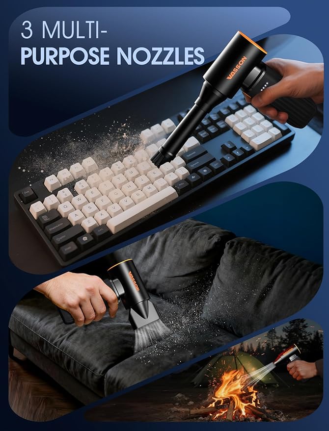 Compressed Air Duster, 260000RPM Cordless Electric Air Blower with Brushless Motor, 3-Speed Adjustable & Rechargeable – Powerful Dust Cleaner for Keyboard, Computer, Car, Outdoor, Air Bed