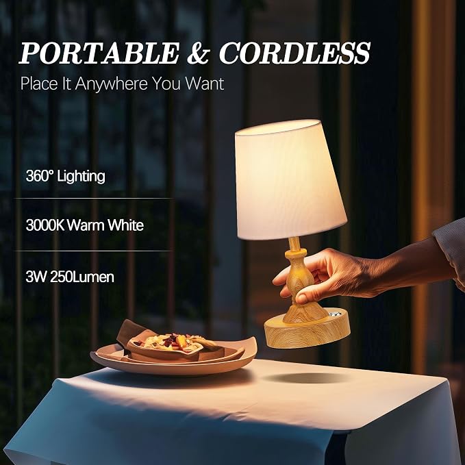 Mini Cordless LED Table Lamp, 5200mAh Rechargeable Battery Operated Lamp, 3-Level Brightness, Touch Dimmable Desk Lamp, Bedside Night Light for Patio Camping Restaurant Home, Wood Grain