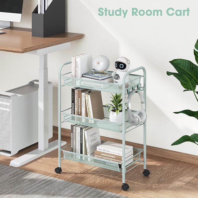 TOOLF 3 Tier Rolling Cart, Metal Utility Storage Cart with Wheels, Green | 3 Hooks, Screwless Assembly, Trolley Organizer for Bathroom, Kitchen, Office, Nursery, Dorm, Laundry Room