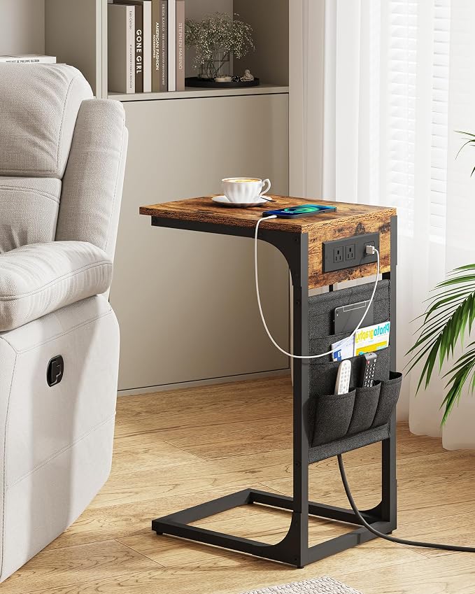 TUTOTAK C Shaped End Table with Charging Station, Side Table for Sofa | Couch Table with Storage Bag, TV Tray with 2 USB Ports and Outlets, Set of 2, Living Room and Bedroom, Brown TB01BB0242