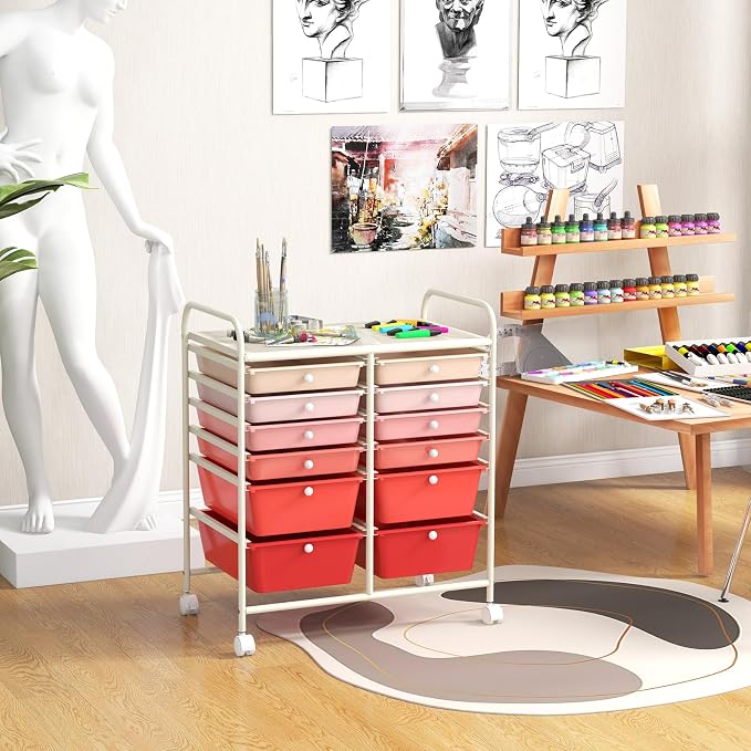 COSTWAY 12-Drawer Rolling Storage Cart, Moveable Art Craft Organizer | Lockable Wheels, Metal Shelf, Files Arrangement Tools Makeup Storage Cart for Office, Home, School (Mixed Pink)