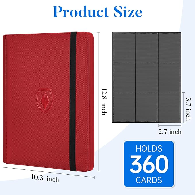 Premium 9 Pocket Card Binder for 360 Cards, Fabmaker PU Cover Trading Card Binder, Sturdy Card Collection Album, Sleek Card Holder Folders for Game Cards & Sports Cards, Red