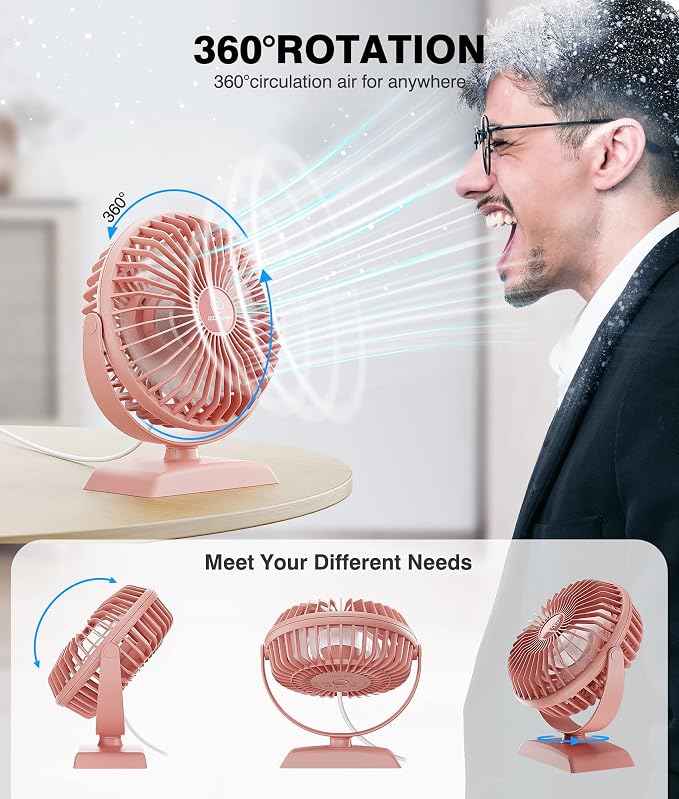 JZCreater USB Desk Fan, USB Fans Mini, 360 Rotation Desktop FanS with 3 Speed, Table Personal Cooling Fan, Quiet Mini Desk Fan, USB Powered, Small Fan for Home Office Bedroom Car Travel, Pink