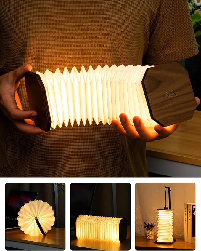 Originality Folding Accordion Lamp, Japanese Gift, LED Paper Lantern | Portable Wooden Table Lamp, Creative Japanese Paper Light with USB, Japanese Decor for Home & Bedroom & Library (Walnut )