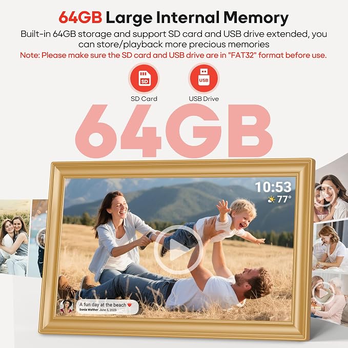 64GB 15.6" Frameo Digital Picture Frame WiFi, Large Electronic Photo Frames Golden 1920 x 1080 IPS FHD Touch Screen, Send Photos from Your Phone from Anywhere, Best Gifts for Family and Friends