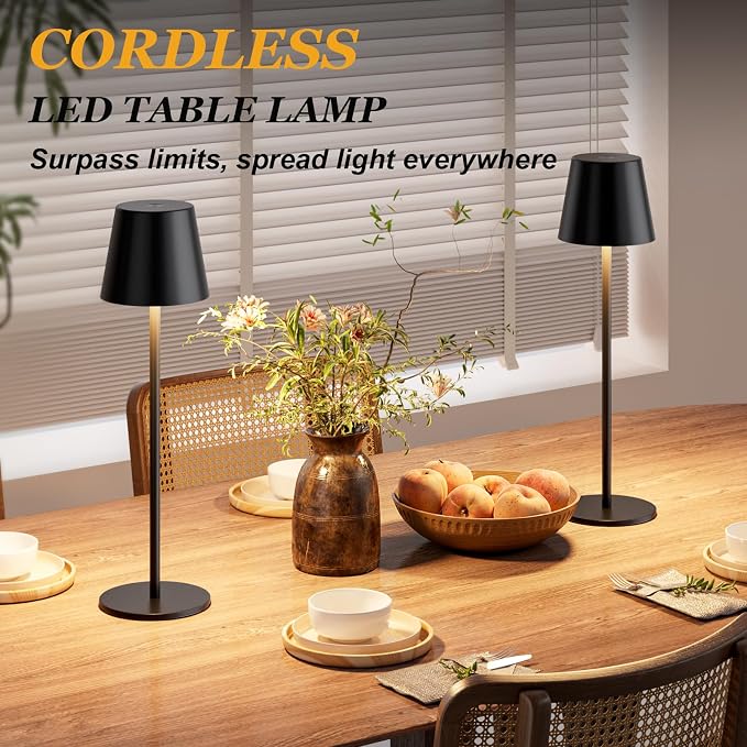 Kakanuo 20" Black Cordless Table Lamp Rechargeable - 2 Pack 5000mAH Battery Operated Lamp for Counter, 3 Color Stepless Dimming Wireless Lamp for Dining Table, Touch Control