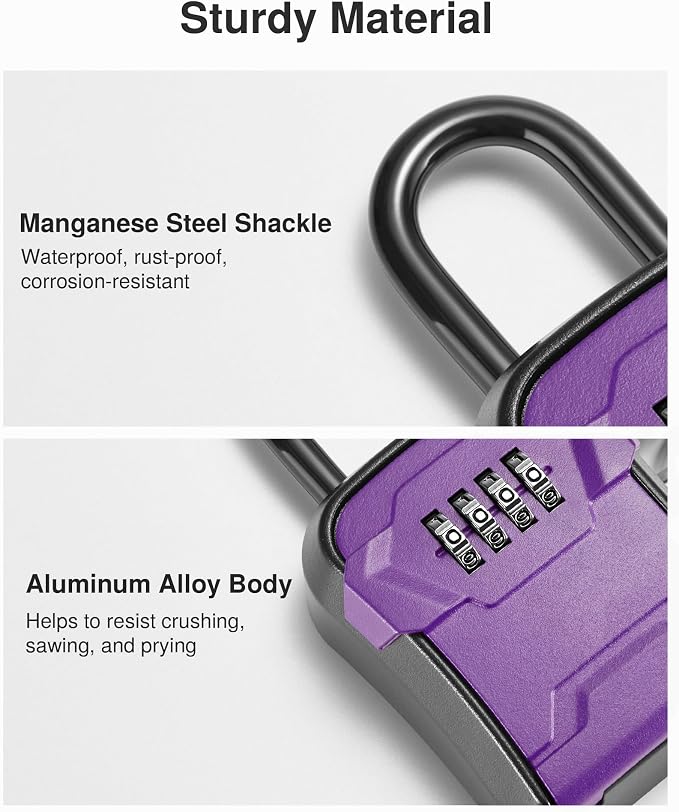 Puroma Lock Box, Key Lock Box Wall Mount & Portable Combination Lockbox with Resettable Code, Security Lockbox for Outside House Keys, Apartment Realtors Spare Keys Storage (1 Pack, Purple)