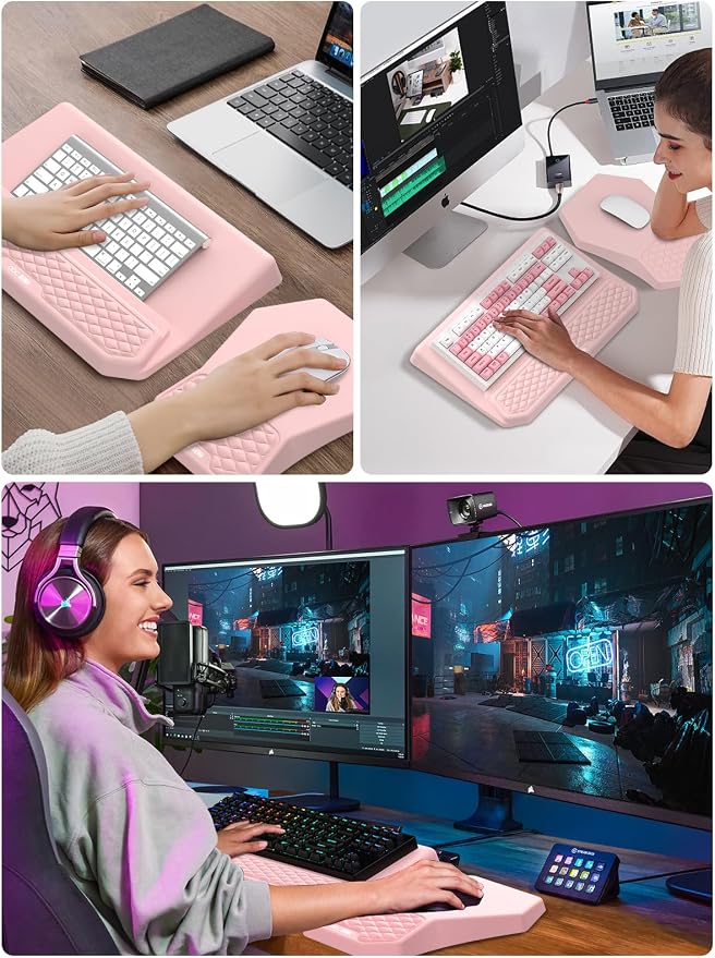 3-in-1 Ergonomic Keyboard Stand with Wrist Rest & Mouse Pad Set, Pink | Comfy Keyboard Riser Holder Soft Mousepad with Massage Design, Memory Foam and Non-Slip PU Base for Pain Relief