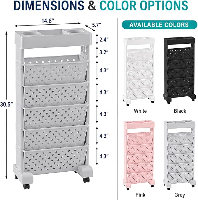 BYFU 6-Tier Rolling Bookshelf Cart, Grey | Movable with Wheels, File Paper Storage Organizer, For Home Office Study Classroom
