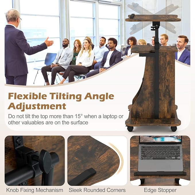 Tangkula Rolling Lectern Podium Stand, Height Adjustable Laptop Table with Tilting Tabletop & Storage Shelves, Compact Standing Desk with Lockable Casters for Home Office School (Rustic Brown)