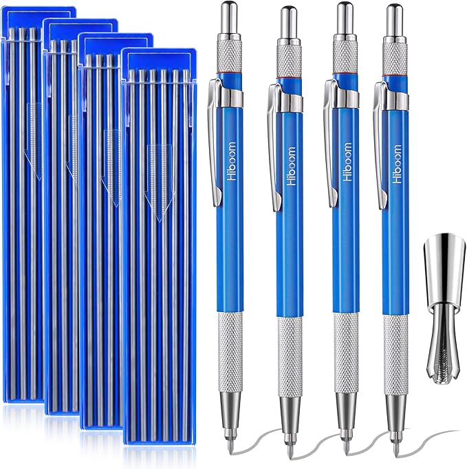 Hiboom 4 Pcs Welders Pencil with 48 Pcs Silver Round Refills, Mechanical Pencils Metal Marker with Built-in Sharpener for Pipe Fitter Welder Steel Construction Fabrication Woodworking, Design Patent