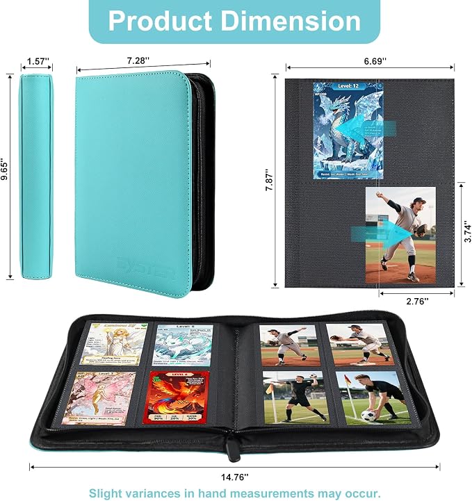 BYSTER 4 Pocket Card Binder, Premium PU Trading Card Binder with Zipper, 160 Capacity Side-Loading Binder for TCG, MTG, Sports Cards, Game Cards, Teal