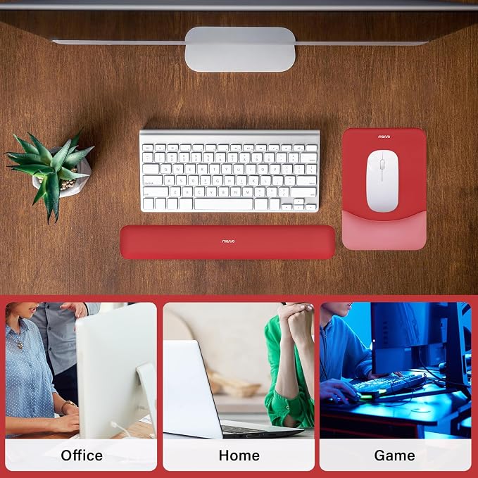MOSISO Wrist Rest Support Mouse Pad & Keyboard Set, Red | Rectangular Ergonomic Mousepad, Non-Slip Base, Home/Office Pain Relief & Easy Typing, Neoprene Cloth & Raised Silicone Lining