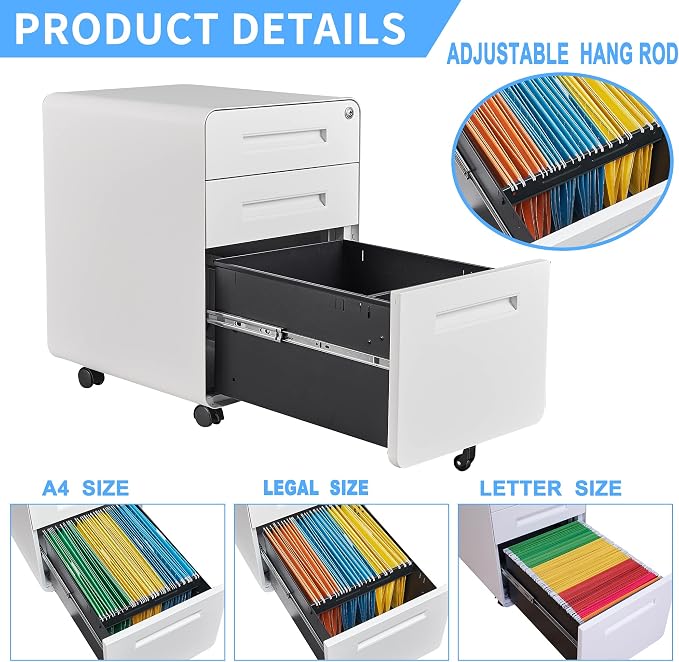 File Cabinet, 3 Drawer Filing Cabinets for Home Office with Lock Mobile Under Desk Fully Assembled Cabinet (White)