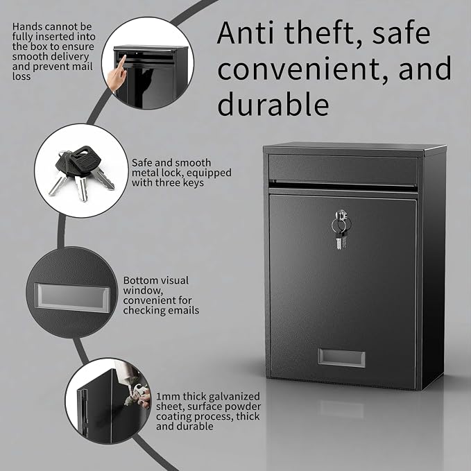 Wall Mounted Locking Mailbox for Outside, Heavy Duty Steel | Large capacity wall mounted mailbox, fits letters, magazines, parcels, waterproof design with secure lock