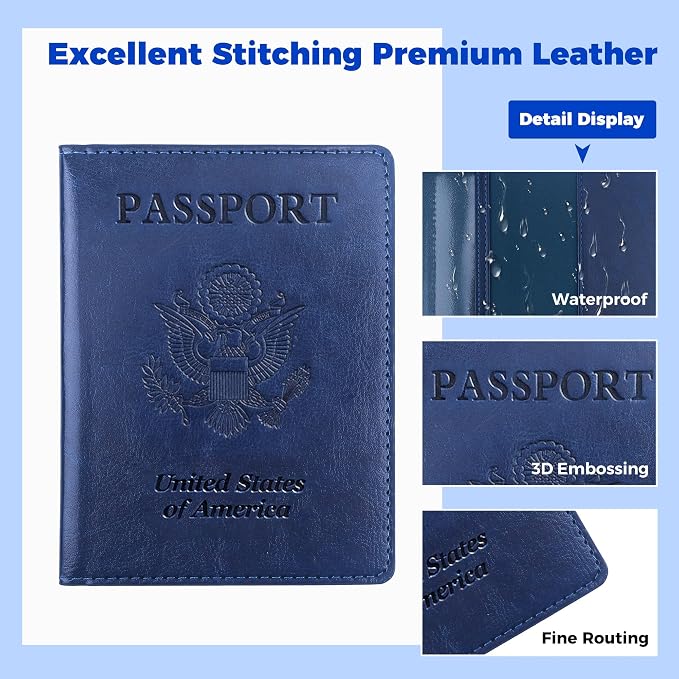 Passport Holder for Travel Men Women - Passport Cover, Passport Wallet Case Travel Essentials Travel Must Haves Accessories Blocking Leather Card Slot Protector for Stocking Stuffers Gifts, Navy Blue