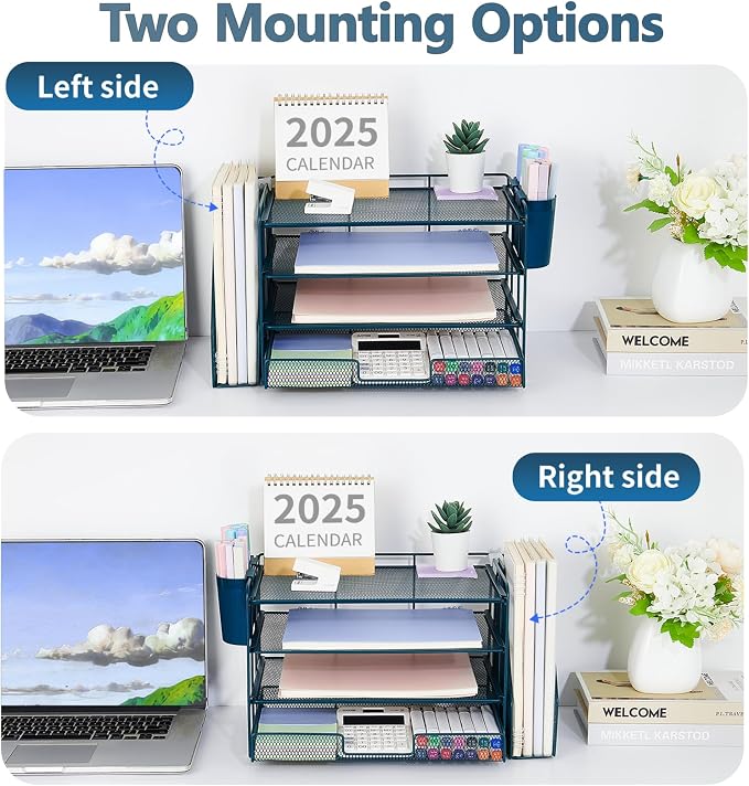 Desk Organizer, 4-Tier Desktop File Organizer with Drawer and Pen Holders, Office Desk Accessories, File Sorters, Workspace Organizers for Office Supplies(Dark Blue)