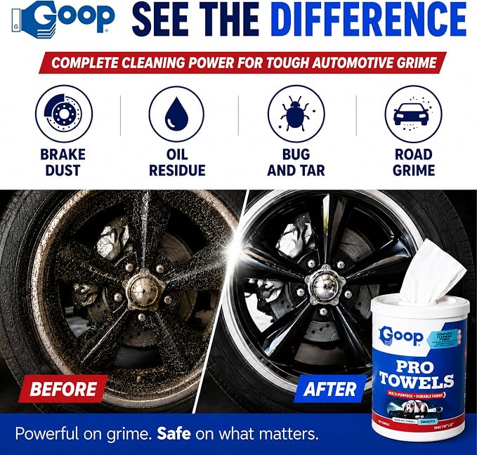 GOOP Pro Towels Heavy-Duty Multi-Surface Cleaning Wipes – Removes Engine Grease, Grime & Paint – Safe for Tools, Machinery & Painted Surfaces – 90 Extra Large 10" x 12" Towels (Pack of 2)