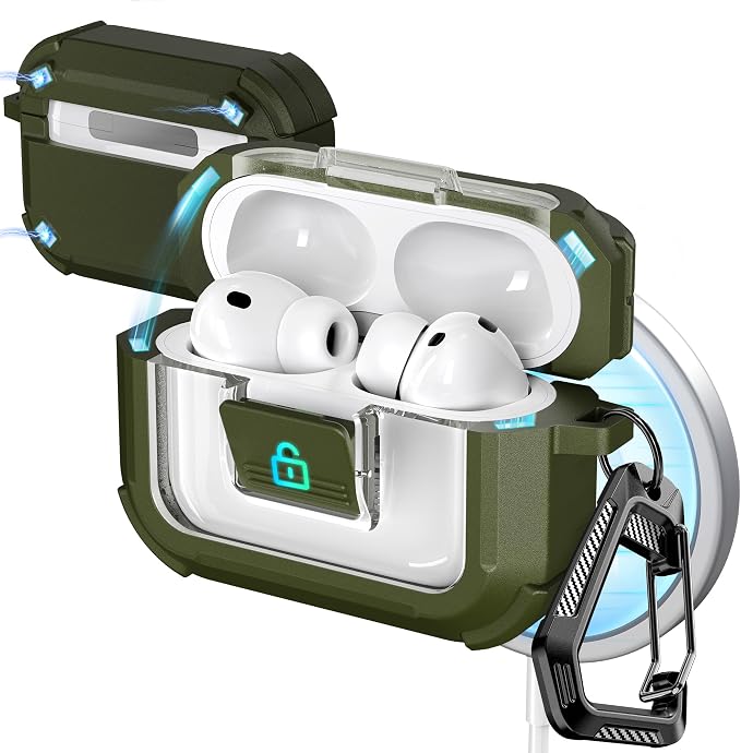 R-FUN for AirPods Pro 3 Case with Lock Magnetic Lid MagSafe, Green | Compatible Apple AirPods Pro 3, Compatible MagSafe, Protective Case with Cleaner Kit & Carabiner, Powerful Drop Protection