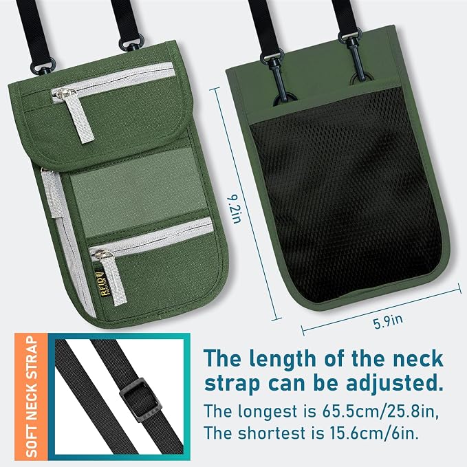 Travel Neck Wallet, RFID Blocking Passport Holder with Adjustable Neck Strap for Men and Women to Keep Cash, Credit Cards and Travel Documents Safe - B
