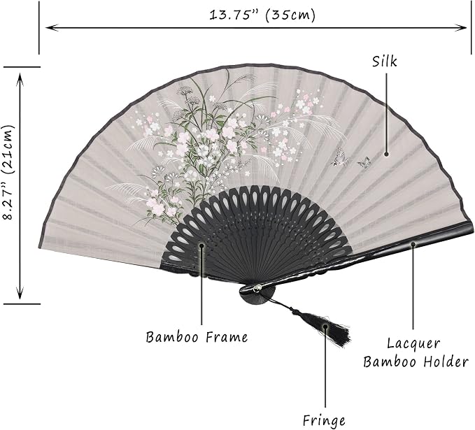 OMyTea® "Grassflowers 8.27"(21cm) Hand Held Folding Fans - With a Fabric Sleeve for Protection for Gifts - Chinese/Japanese Vintage Retro Style (Gray)