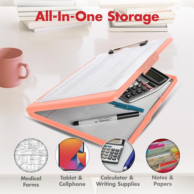 Dexas Slimcase 2 Plastic Clipboard with Storage and Side Opening, Blush Pink with Rose Gold Clip, Office Supplies Clipboards to Organize, Carry and Store, A4 Holder, Nursing Clipboards (Pack of 6)