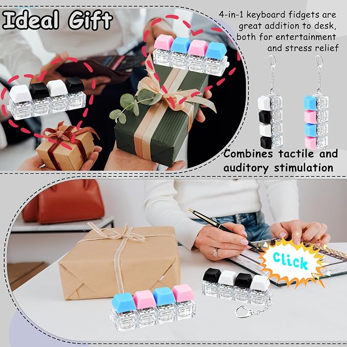 2 PCS Keyboard Fidget Toy, Keyboard Fidget Keychain 4-in-1 Keyboard Decompression Button Finger Clicker Toys, Button Stress Relief Fidget Gifts to Relief Stress (Black White Blue Pink)