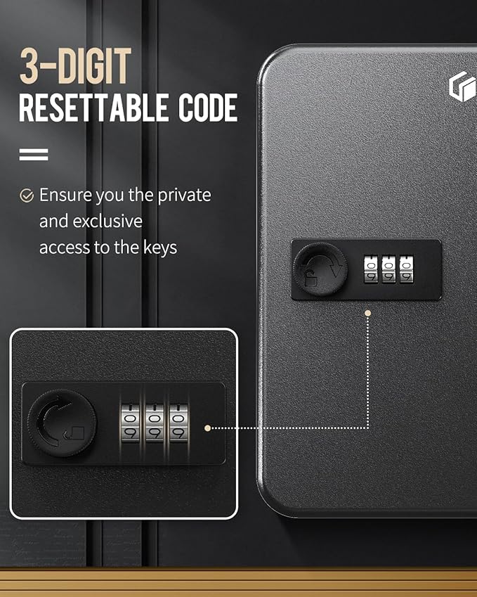 Uniclife 20 Position Key Cabinet with Combination Lock Resettable Black Digital Security Storage Box Steel Key Organizer with Colorful Key Tag Labels Stickers and Hooks