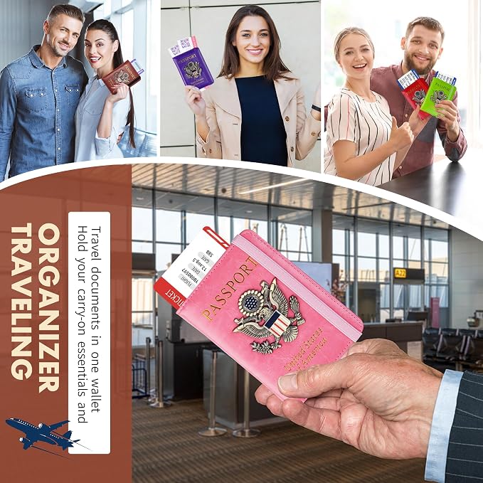 Passport Holder Cover Travel Wallet RFID Blocking Passport Wallets Family Organization Personalized Wallet Case for Men and Women Travel Must Haves (Pink)