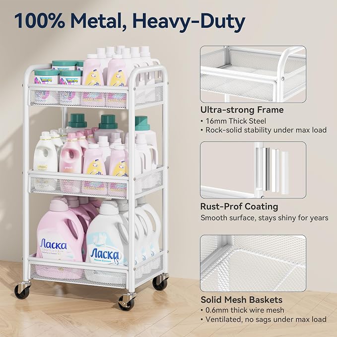 3 Tier Metal Rolling Cart, White Utility Storage Cart with Wheels | Metal Mesh Craft Cart With Hooks & Hanging Cups, Ideal For Kitchen, Bathroom, Office, Dorm, Art Workspace, Bedside Storage