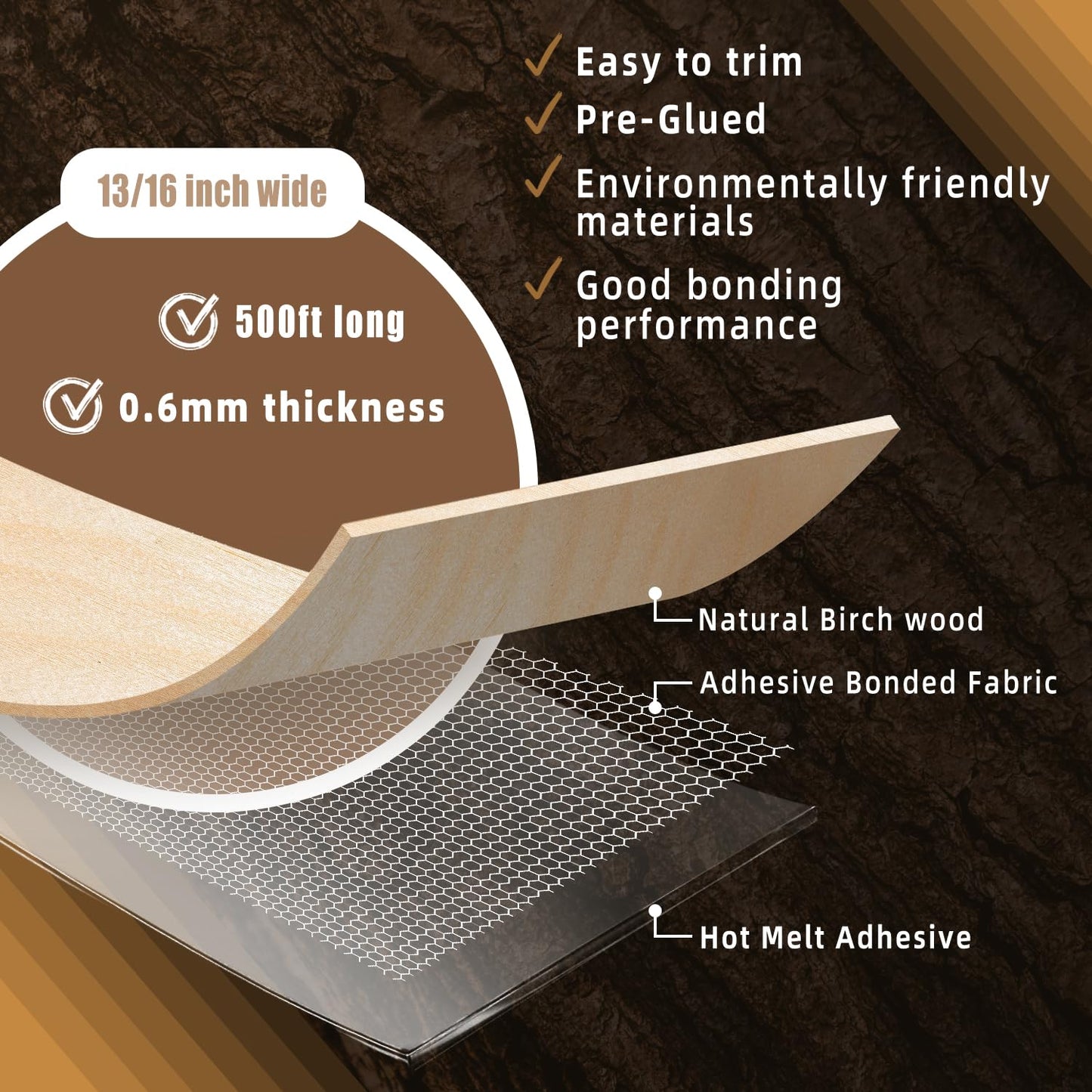 GSCIT Club Birch Edge Banding, 13/16 inch x 500ft roll of Wood Veneer Edge Banding Preglued Flexible, Wood Tape Banding for Cabinet Repair Plywood