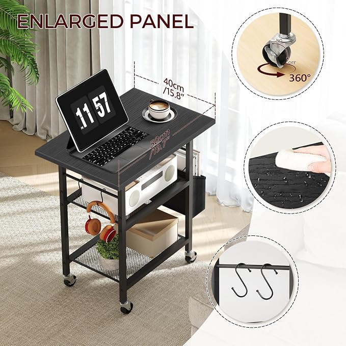 MAHANCRIS 3-Tier Printer Stand, Rolling Printer Table on Wheels, Industrial Storage Stand with Side Pocket, Wooden Tabletop, 2 S-Shaped Hooks, for Home Office, Black PTBK2501