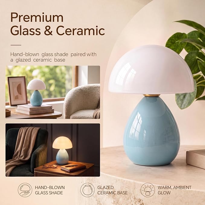 Mushroom Lamp Table Lamp for Bedroom-Small Desk Table Lamps,Blue | Ice Crackle 8.7" Mid Century Modern Table Lamps for Living Room Bedroom Decor,Ceramic Lamps for Home Room Decor,Glass Shade