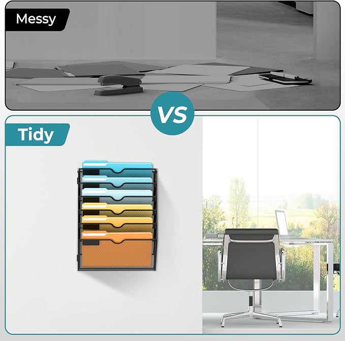 6 Tier Wall File Organizer, Hanging Wall Mounted Mail Organizer with Label Slots, Metal Mesh File Holder Magazine Rack for Office, Home, School or Classroom, Black, 2Pack