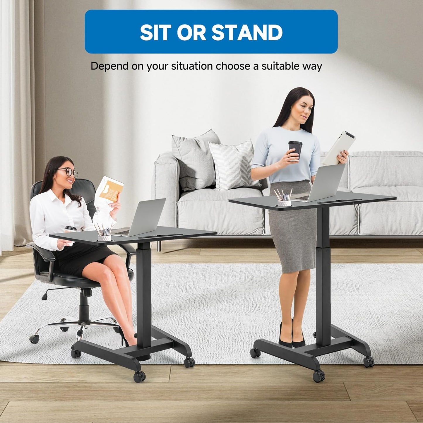 Rolling Laptop Desk Adjustable Height(29.5”- 43.7”)，Mobile Workstation Cart with 31.5" x 22.1"Desktop, Standing Desk Mobile Portable PC Table for Home,Office or Classroom in Black