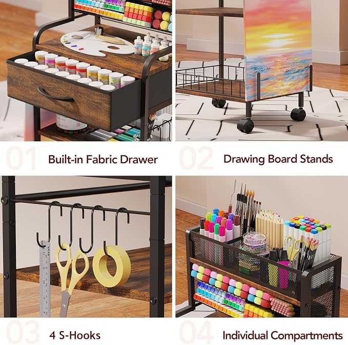 Art cart, 3 Tier Rolling Cart - Utility Cart with Storage Drawer and Wheels, Versatile Art & Craft Organizer for Home, Office, or Studio Ideal for Storing Brushes, Paints （Brown）