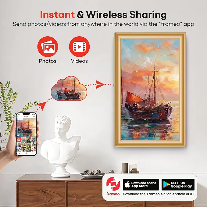 64GB 15.6" Frameo Digital Picture Frame WiFi, Large Electronic Photo Frames Golden 1920 x 1080 IPS FHD Touch Screen, Send Photos from Your Phone from Anywhere, Best Gifts for Family and Friends