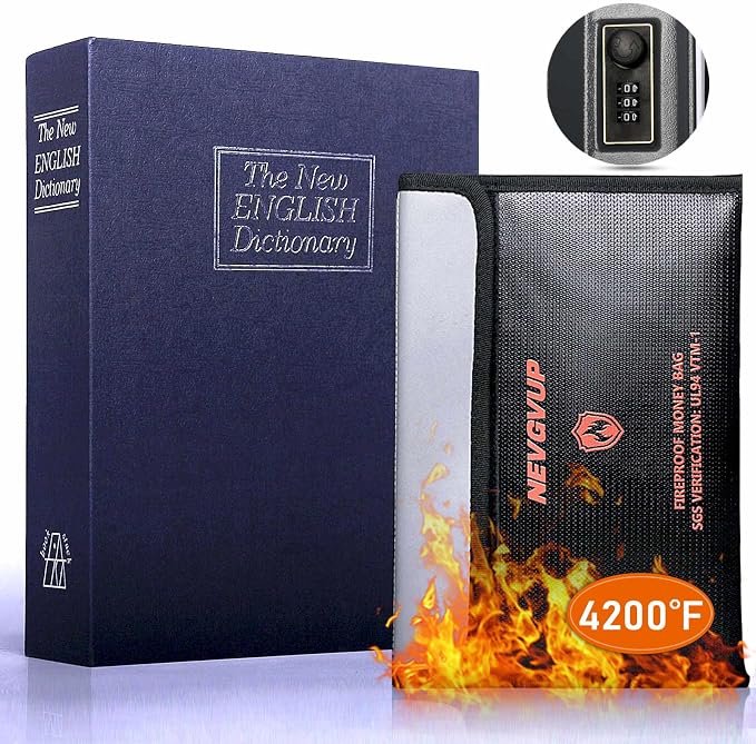 Dictionary Diversion Book Safe with Combination Lock and Fireproof Money Bag - Blue