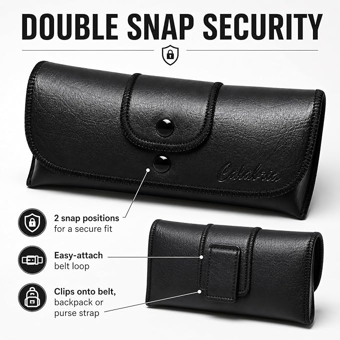 Calabria Double Snap Belt Loop Eyeglass Case PU Leather Black Old School Vintage Eye Glasses Pouch Semi-Hard Sunglass Holder - 12PACK