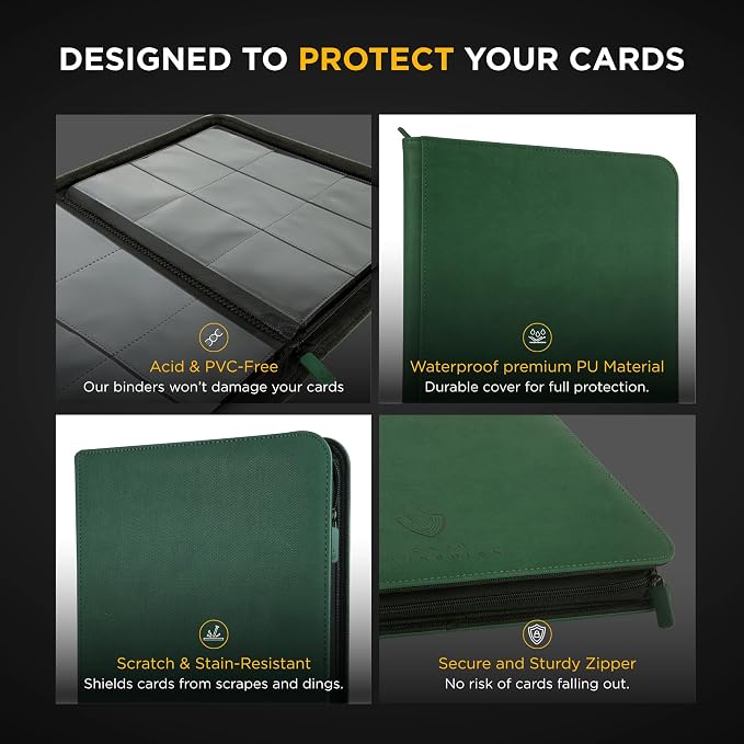 Card Guardian - 9 Pocket Premium Binder with Zipper for 360 Cards Trading Card Games TCG (Green) Side Loaded Pockets Compatible with Yugioh Cards MTG Binder Sports Card Binder