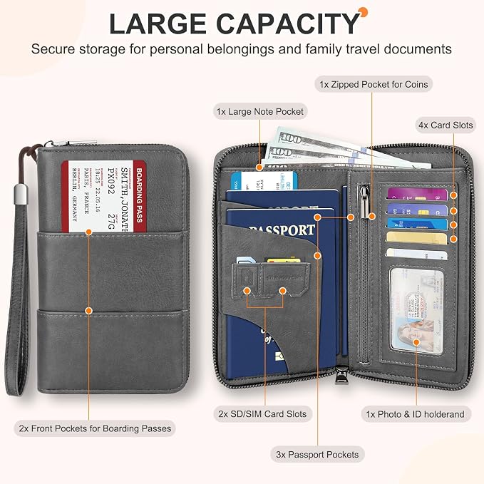 RFID Family Passport Holder Wallet - Travel Document Organizer | PU Leather, with Wristlet, Zipper, Cards, Boarding Pass, ID, Cash, Ticket Pockets,Travel Essentials Gifts for Women Men