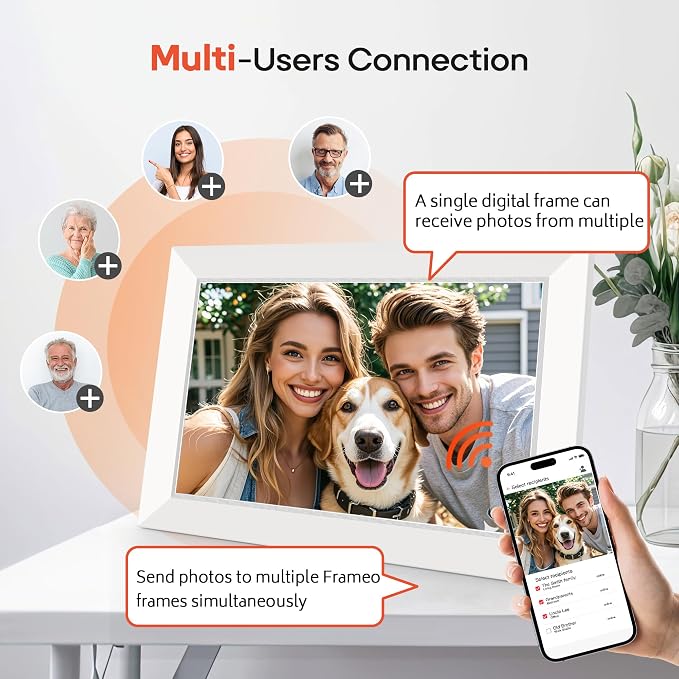 Miroir 10.1 Inch WiFi Digital Photo Frame via Frameo App, 1280x800 HD IPS Touch Screen Electric Picture Frame Display, 32GB Storage, Auto-Rotate, Wall Mountable, Share Photos/Videos Instantly