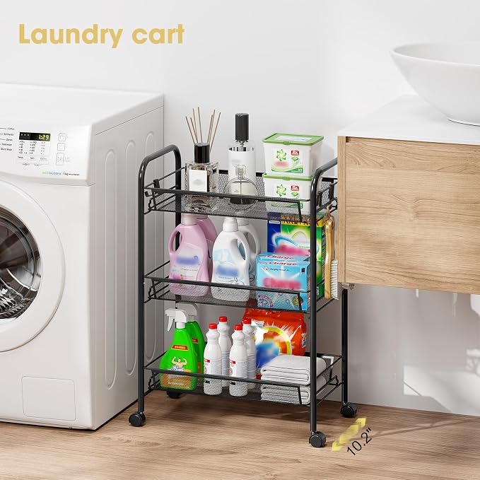 TOOLF 3 Tier Rolling Cart, Metal Utility Storage Cart with Wheels, Black | 3 Hooks, Screwless Assembly, Trolley Organizer for Bathroom, Kitchen, Office, Nursery, Dorm, Laundry Room