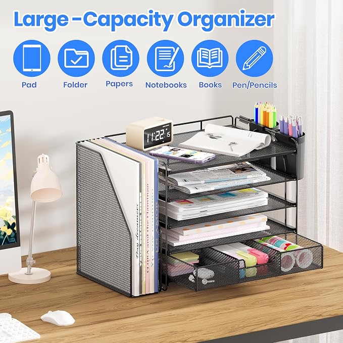 Desk Organizer, 5-Tier Desktop File Organizer with Drawer and Pen Holders, Office Desk Accessories, File Sorters, Workspace Organizers for Office Supplies(Black)