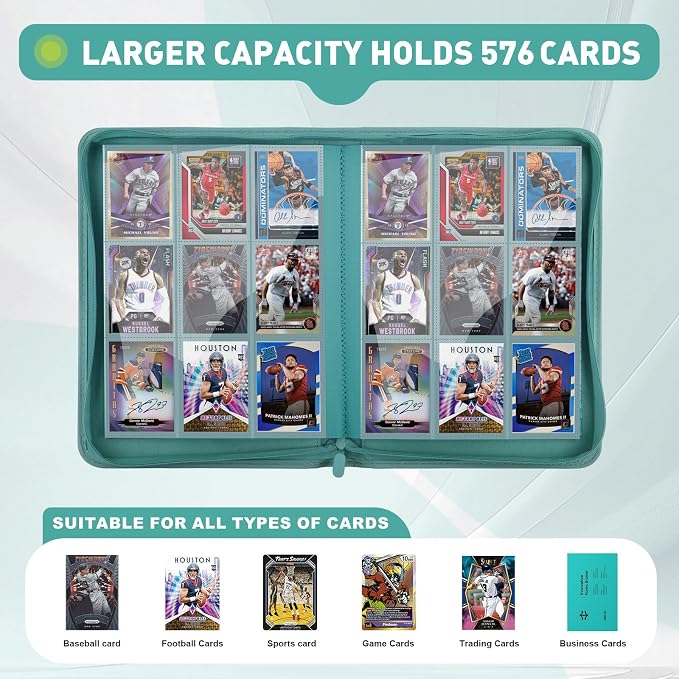 Trading Card Binder 9 Pocket, 360 Pockets Double-Sided Card Album, Premium PU Leather Zipper Card Holder for MTG, TCG, Sports & Game Cards, Must-Have for Collectors（Turquoise）