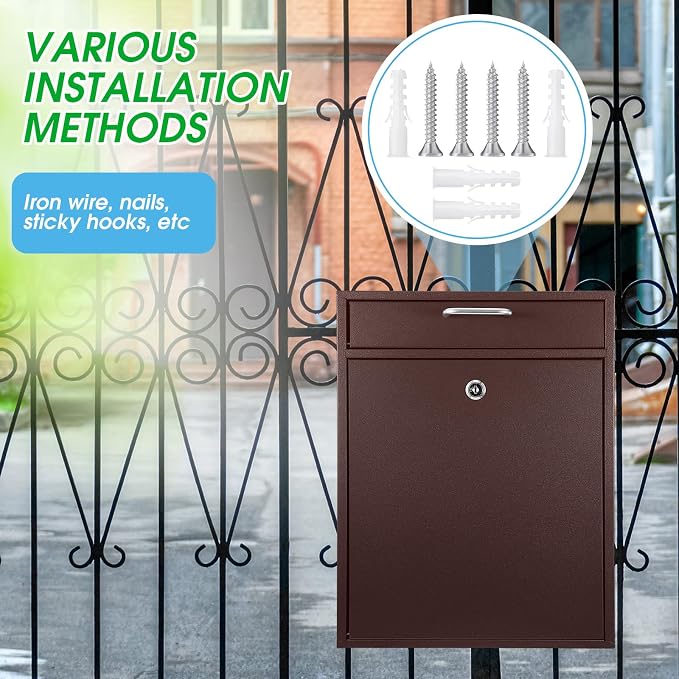Yaocom Locking Mailbox with Key for Outdoor 18 x 15 x 7 Inches Large Wall Mount Mail Box with Lock Security Mail Drop Metal Collection Boxes Hanging Secure Postbox (Brown)