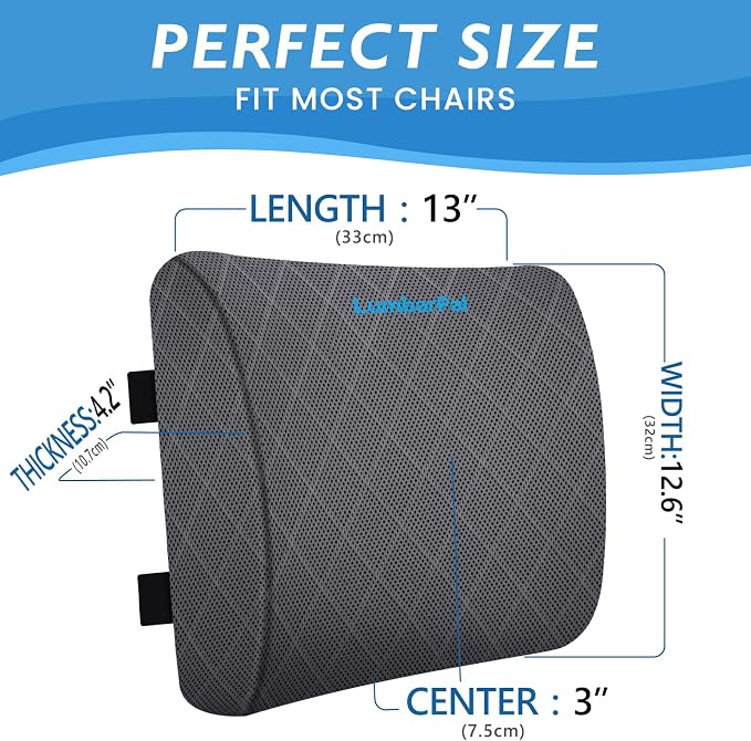 Lumbar Support Pillow for Office Chair, Back Support, Memory Foam, Grey | Improve Sitting Posture & Back Pain Relief. Lumbar Pillow Fits Office, Gaming & Car Chairs with Adjustable Dual Straps