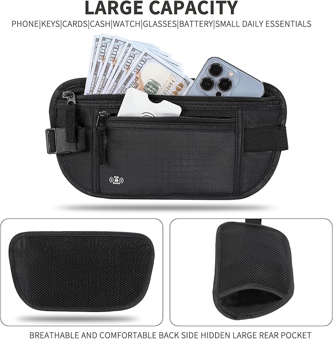 Money Belt for Travel, RFID Blocking, Hidden Money Belt, Passport Holder for Travel (Black)