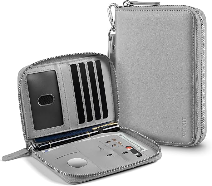 VULKIT Passport Holder for Travel with Airtag Slot RFID Blocking | Premium Nappa Leather Zipper Closure with Wrist Strap Travel Document Organizer for Passport Tickets Cash Cards Sim Cards